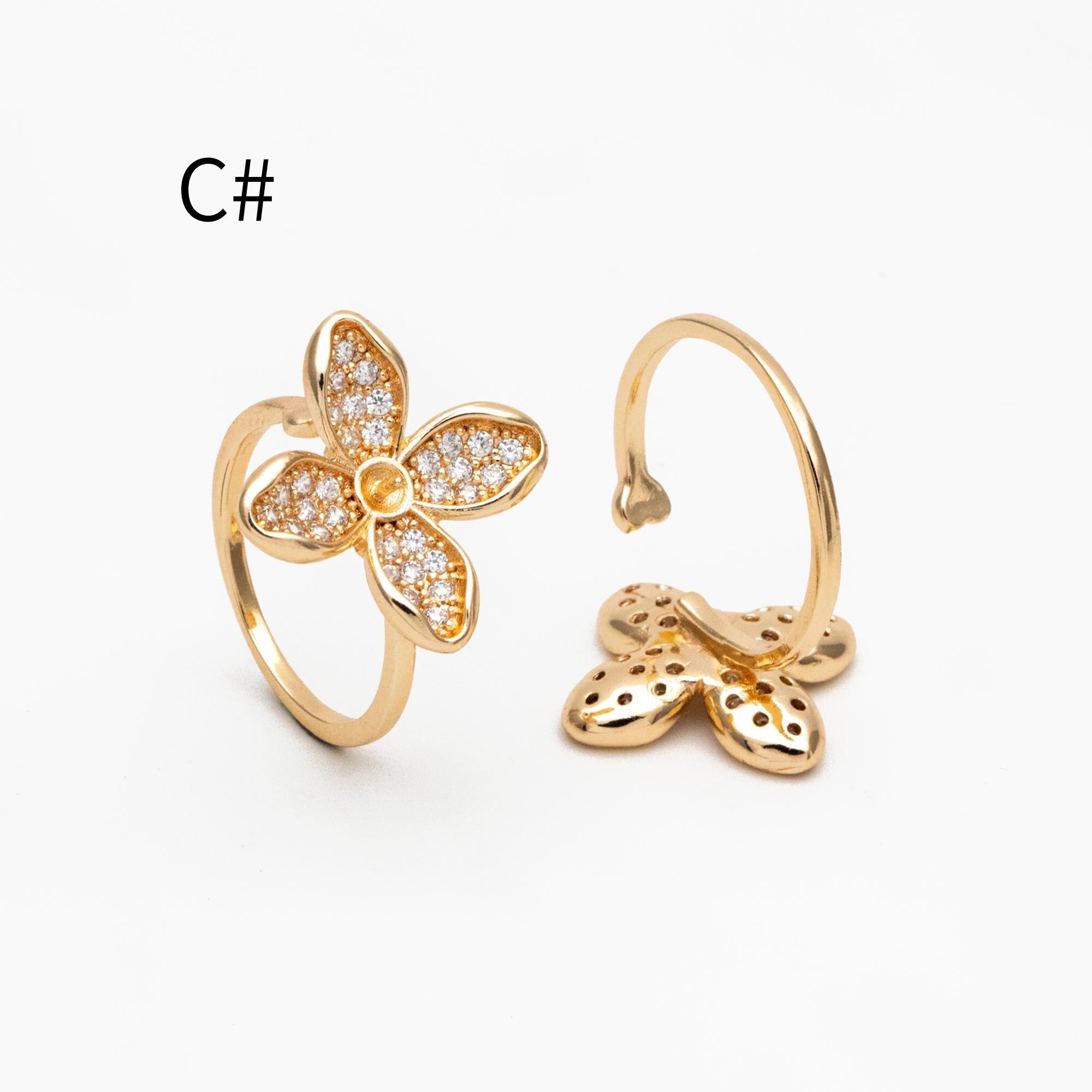 4pcs CZ Pave Gold Flower Ring, Butterfly Ring, Adjustable Ring Mounting, Pearl Ring Setting (#JZ-019)